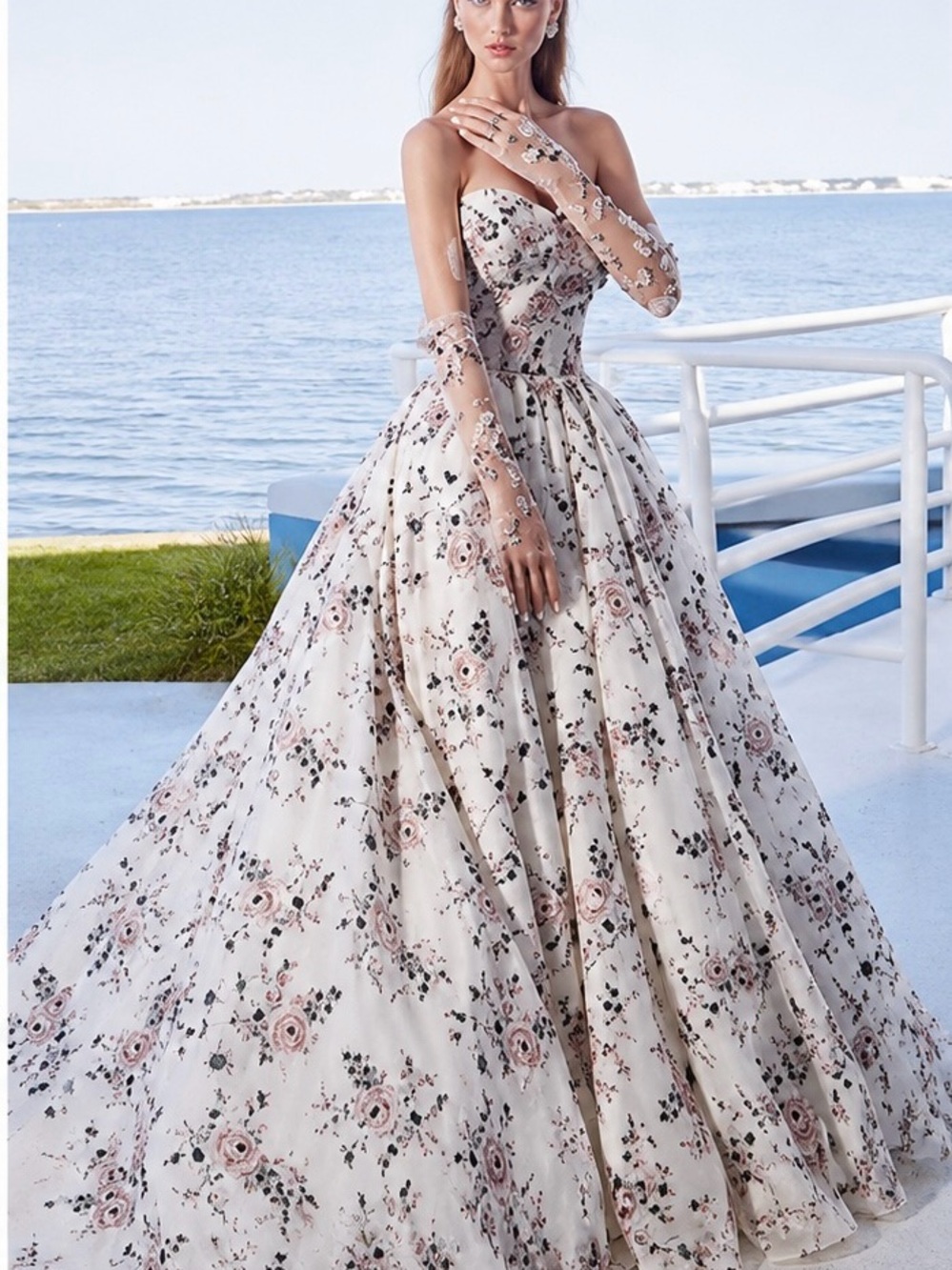 Liz Luo 1020 Romantic Floral Strapless Ball Gown Dress - Cream Pink